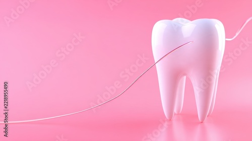 A glossy white tooth lies against a vibrant pink backdrop, with dental floss threaded through