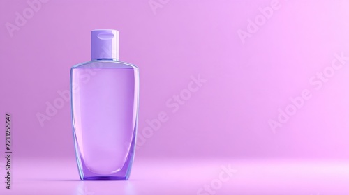 A elegantly designed translucent bottle filled with light purple liquid against a soft pink backdrop
