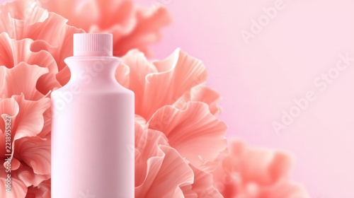 A minimalistic pink bottle stands out against a soft pink background with coral-like textures