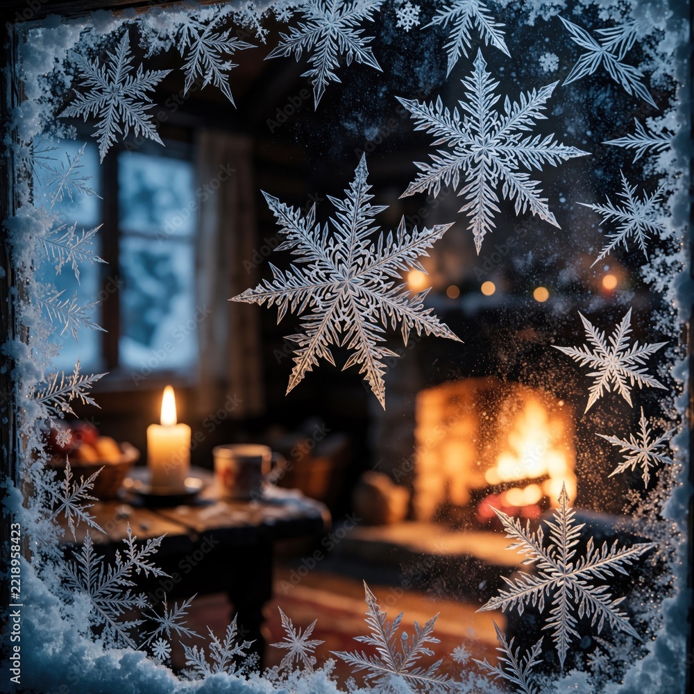 Naklejka premium Cozy cabin interior with warm fireplace, burning candle on wooden table. Frosty window with large snowflakes shows snowy winter night outside. Rustic home atmosphere creates peaceful mood for holiday