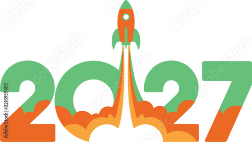 Rocket launching over 2027 text for new year celebration