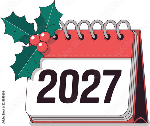 Red desk calendar for year 2027 with christmas holly decoration