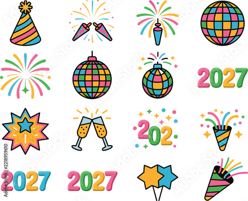 New year 2027 party icons set with disco balls and fireworks