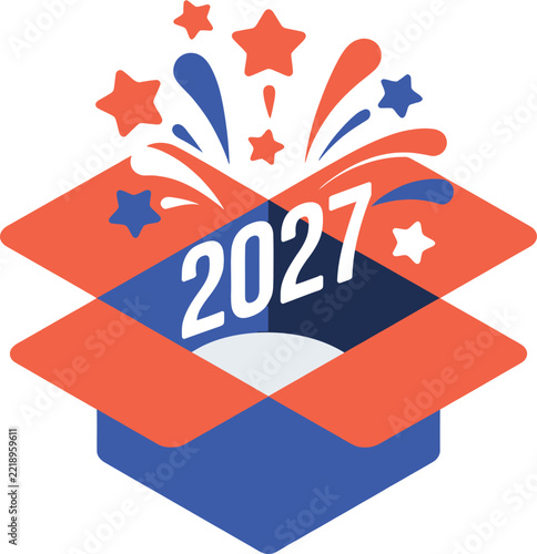 Open gift box with 2027 text and fireworks burst new year