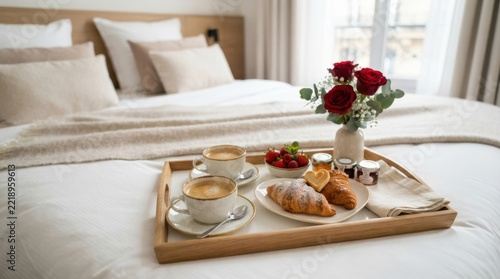 A romantic breakfast tray with coffee and fresh pastries served on a cozy hotel bedroom bed