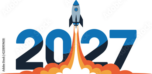 Rocket launching over 2027 text for new year celebration