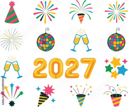 Set of new year 2027 celebration icons and party collection