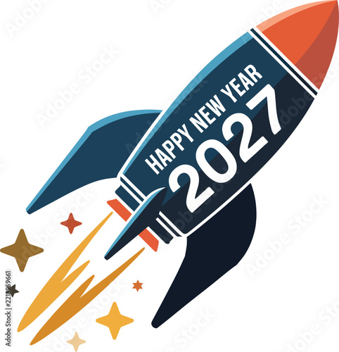 Rocket ship flying upwards for happy new year 2027 celebration