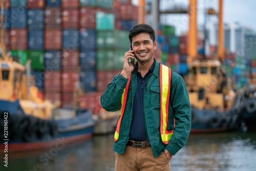 Asian american male customs broker talking on smart phone while looking at containers