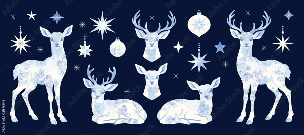 Fototapeta premium Christmas reindeer set with ornamental in different position. Happy holiday watercolor clipart for cards, invitations, crafts, winter seasonal design. Hand drawn deer.