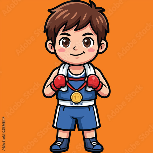 Cartoon boy boxer with gold medal illustration, celebrating victory and youthful determination in sports with a friendly smile
