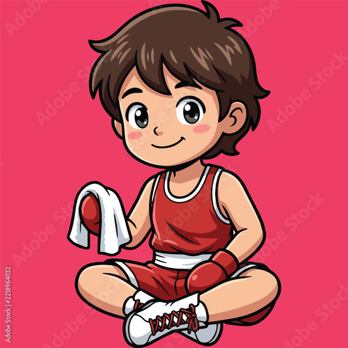 Adorable young athlete in boxing gear resting after training session with white towel and gloves on pink background