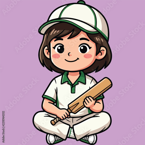 Cute cartoon girl cricket player sitting cross-legged holding wooden bat in uniform and cap illustration