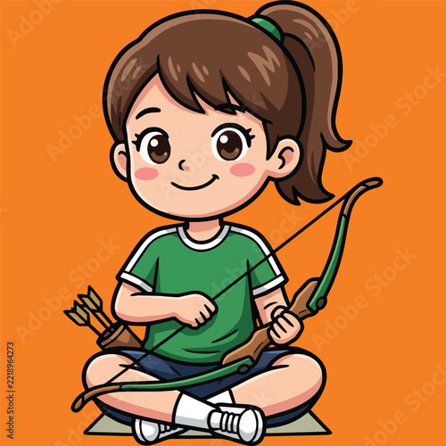 Adorable cartoon illustration of a young girl confidently aiming her bow and arrow, embodying the spirit of sports and hobby
