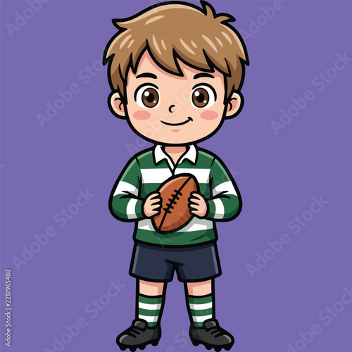 Cute Cartoon Boy Holding a Rugby Ball Mascot Illustration on Purple Background