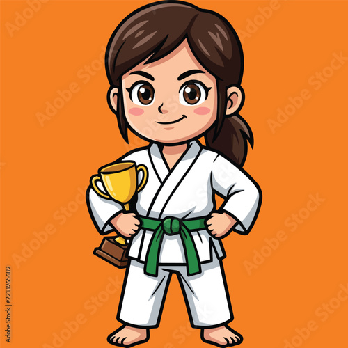 Smiling Young Female Martial Artist Holding a Golden Trophy Achievement Illustration