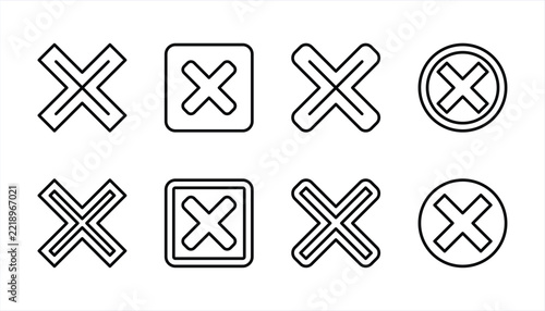 Collection of cross symbols within circular and square frames.