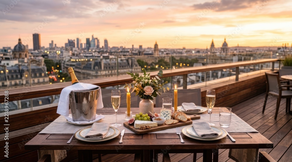 Fototapeta premium Romantic rooftop dinner table set for two overlooking the Paris city skyline at sunset hour