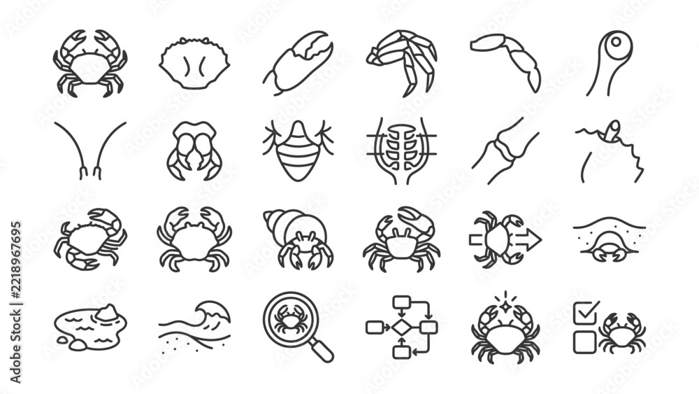 Fototapeta premium Set of thin line icons featuring crabs and various marine crustacean elements on white background