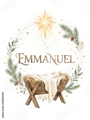 Names of Jesus with a stable, star, and greenery surrounding the