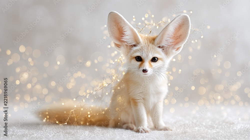 Fototapeta premium Adorable fennec fox with fairy lights on soft blanket and glittering background