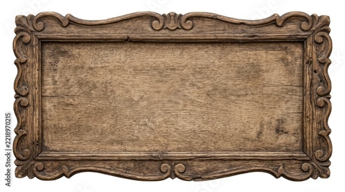 Antique Hand-Carved Wooden Sign Frame Isolated on White Background