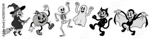 Retro cartoon Halloween characters set. Vintage 1930s Rubber Hose style vector illustrations of dancing spooky characters.