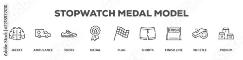 Stopwatch Medal Model with icon of Jacket, Ambulance, Shoes, Medal, Flag, Shorts, Finish line, Whistle, Podium