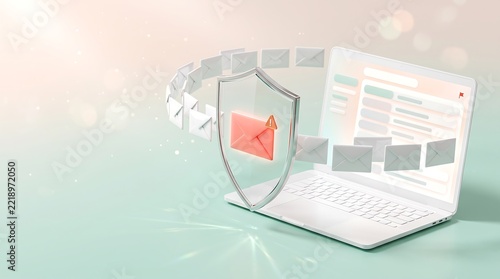Laptop with protective shield and email envelope surrounded by flying messages for email security spam protection and online safety concept