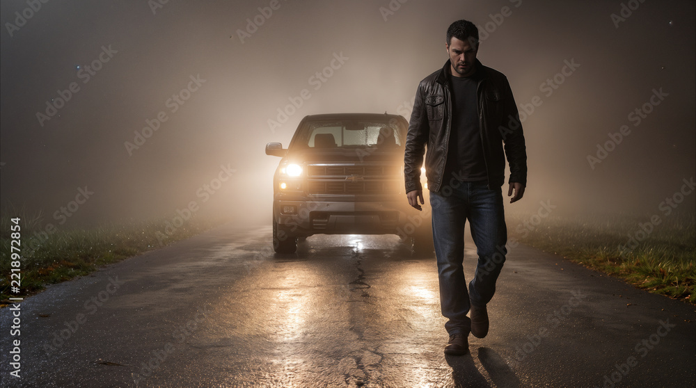 Naklejka premium Serious man walking away from pickup truck on foggy rural road at night. Cinematic scene with headlights illuminating thick mist.