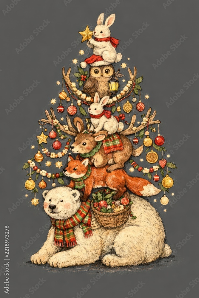 Fototapeta premium Adorable animals forming festive Christmas tree.