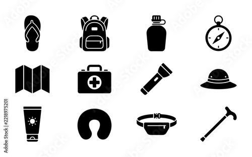 Travel Icons Set: Backpack, Compass, Map, First Aid Kit, Sunscreen, Hat