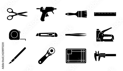 Crafting Tools Icons Set, DIY Supplies Vector Graphics, Hobby Equipment Collection