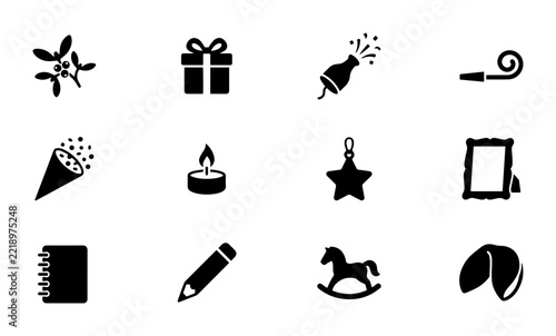 Christmas Icons, Holiday Vector Set. Festive Symbols, Gift, Star, Mistletoe, Party Popper