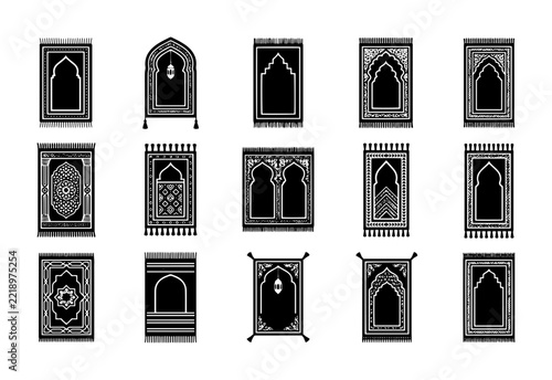 Islamic Prayer Rug Icons, Prayer Mat Set, Religious Carpet Collection, 15 Vector Elements