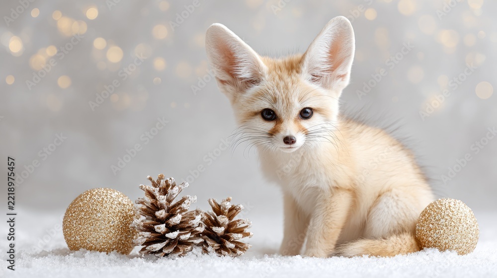 Fototapeta premium Adorable fennec fox cub in winter wonderland with pinecones and glittering ornaments
