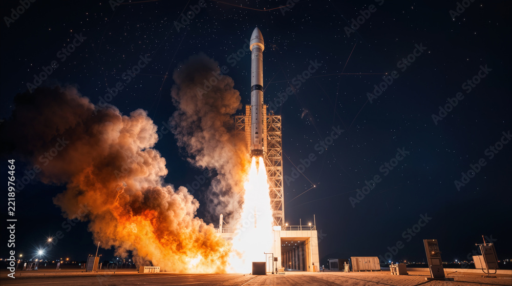 Fototapeta premium Heavy-lift rocket launching from coastal pad at night. Spacecraft ascent with fire and smoke plumes against starry sky.