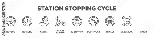 Station Stopping Cycle with icon of No plug, No music, Cencel, Bicycle parking, No stopping, Dont touch, Privacy, Dangerous, Mayor