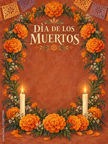 Dia de los Muertos greeting card background with orange marigold flower wreath arrangement, candle light and papel picado banners on a textured rustic brown wall for Mexican holiday celebration design