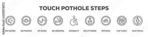 Touch Pothole Steps with icon of No sound, No photos, No music, No smoking, Disability, No littering, Pothole, Flip flops, Electrical