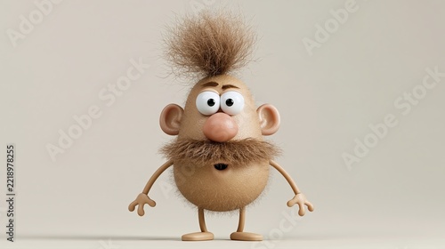 Personnage 3D drôle aux cheveux hirsutes et grosse moustache sur fond neutre