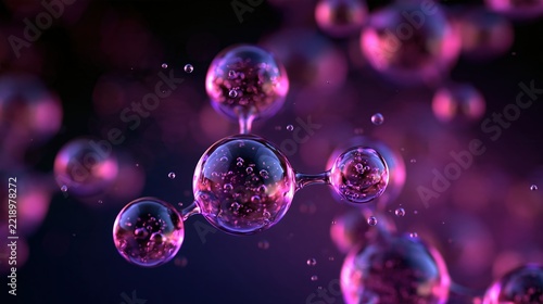 Structure moléculaire abstraite formée de sphères liquides violettes en apesanteur