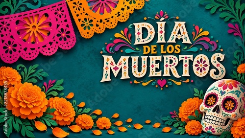 Dia de los Muertos greeting card illustration featuring a decorative sugar skull, vibrant marigold flowers, and colorful papel picado bunting against a dark textured background for holiday memorial