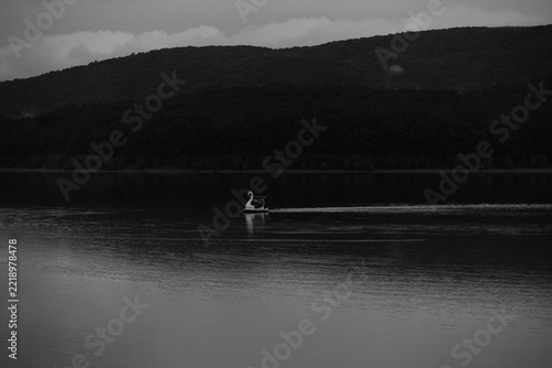 Fotografie Minimalist black and white photo of a swan pedal boat in the middle of Tuyen Lam Lake, Da Lat, Vietnam