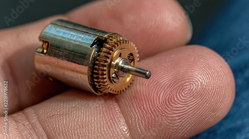petit moteur électrique miniature avec engrenage doré tenu entre les doigts