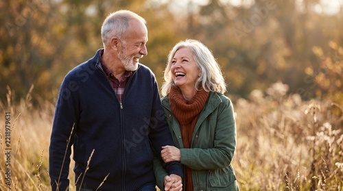Smiling senior couple walking together happily outdoors during autumn sunset
