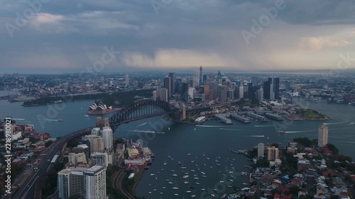 Dramatic Wide Aerial View of Sydney Harbour Bridge and Opera House Under Stormy Sky