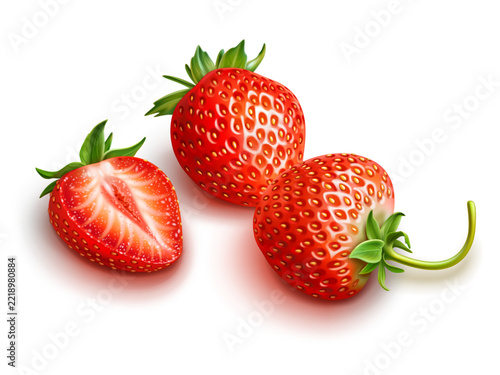 Beautiful whole and slice of strawberry isolated on a white background. Realistic style. Vector set with illustration of red berries.