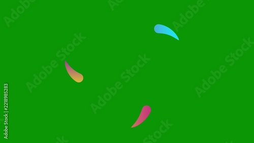 Animated colorful three drops of liquid moving from the center and spinning in a circle. Fluid effect. Looped video. Vector illustration isolated on green background. 