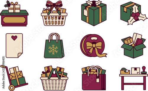 Set of christmas gift icons including wrapped presents shopping bags gift baskets and delivery boxes with festive decorations for holiday shopping and seasonal retail design elements Vector